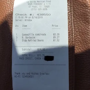 the receipt for the restaurant