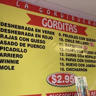 Menu for Gorditas