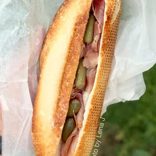 Sandwich Montagnard ($5.95) - baguette with prosciutto and cornichons. Good! Baguette is crunchy on top, soft inside