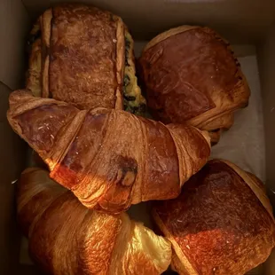 Plain croissant, chocolate croissant and vanilla custard croissants