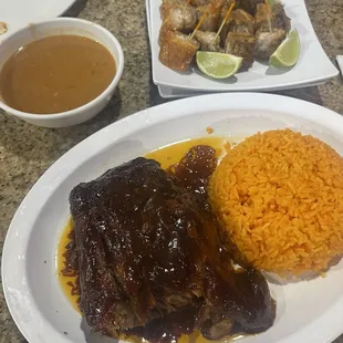 Barbecue ribs yellow rice and Chicharron