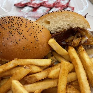 BBQ bacon burger with fries