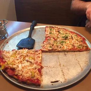 a half eaten pizza on a pan