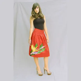 Bird of paradise flower hand painted on red silk skirt