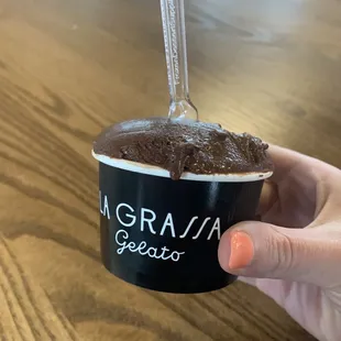 a hand holding a cup of gelato