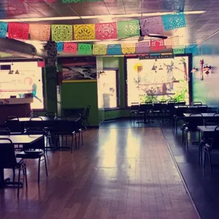 tables and chairs in a restaurant