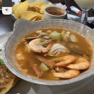 This is the 7mares soup...mussel, shrimp, crab, fish, imitation crabmeat, scallop...drawing a blank on what 7th seafood...