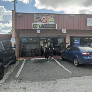 Outside in middle of busy retail