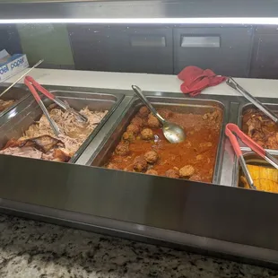 The hot bar, choice if meet &amp; 2 sides. Meatballs, chicken quarters, pulled pork