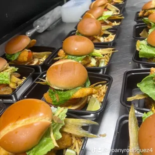 a long line of hamburgers