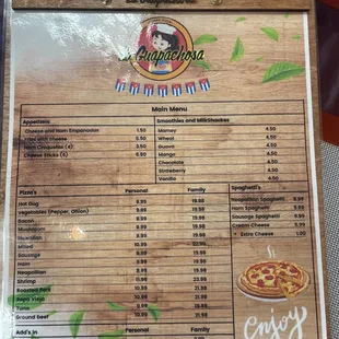 the menu for the restaurant