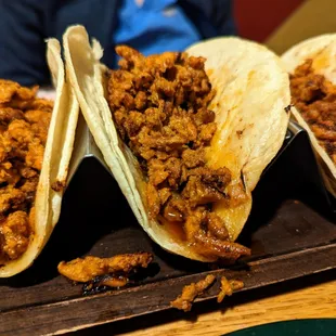 Three Tacos with Rice and Beans. $11.25. All Al Pastor. Served with corn tortillas with onions, radish, cilantro, and lime on the side.