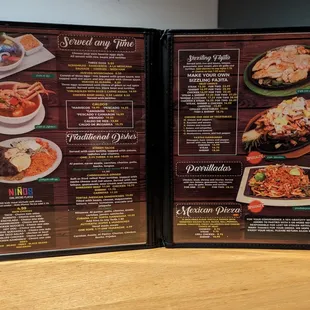 Menu, 3 of 5. Ninos - kids menu, breakfast, traditional dishes, fajitas, parrilladas, Mexican pizza.