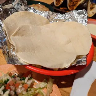 Three flour tortillas that came with my La Cazuela. $16.75. Corn tortillas are an option too. Server recommended flour for La Cazuela.