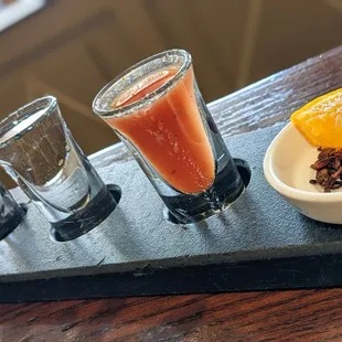 Tequila flight with orange &amp; crickets