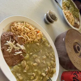Chile verde and green enchiladas both with rice and beans.