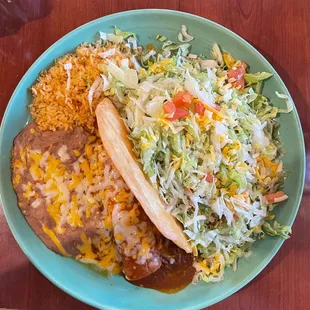 #27 Enchilada, Chalupa  Both with Chicken Refried Beans Spanish Rice