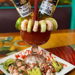a margarita with shrimp and avocado