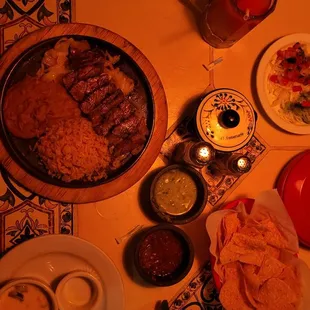 Beef fajitas, queso chips and salsa