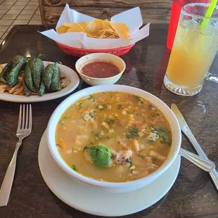 Chicken Soup and Chilies Torado's.