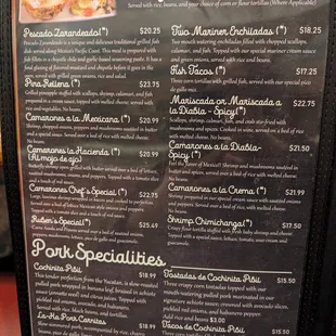 Seafood &amp; Pork Specialty menu.