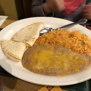 Kids quesadilla, rice, and beans