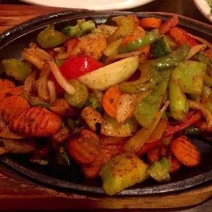 Vegetable Fajitas with chips, salsa, beans, rice, guacamole side salad were all good. Not enough vegetarian choices though.