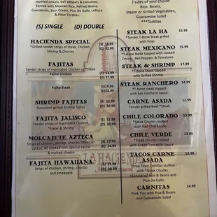 Fajita Menu