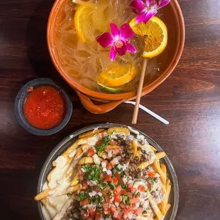 Hacienda fries with asada and cazuela