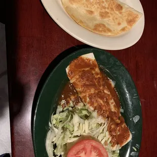 Quesadilla, bean burrito, and tostada.