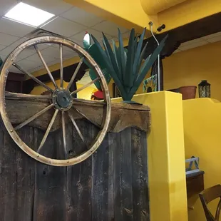 a wheel on a yellow wall