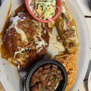 Chile Relleno, pork tamale, whole beans, rice and cole slaw