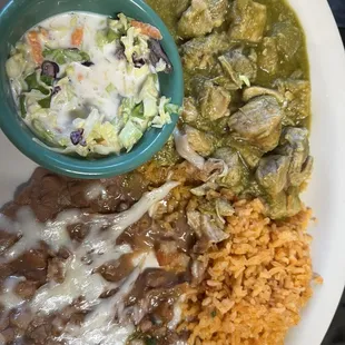 Chile Verde, rice, refried beans and coleslaw