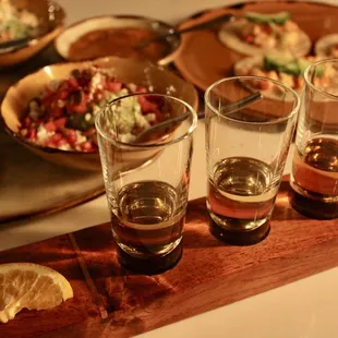 Tequila Flight, Guacamole Sampler with Chips, and Lobster Tacos at La Hacienda.