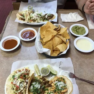 Guacamole, queso dip, fish tacos, 2 carne asada tacos, 1 chicken taco &amp; salsa.