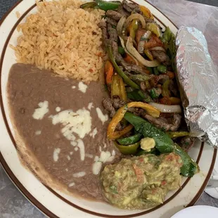 Beef fajitas beans &amp; rice.