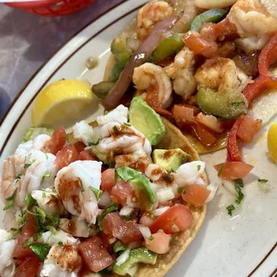 Shrimp tostada and shrimp taco