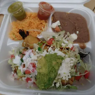 Flautas entree with rice and beans from their lunch truck