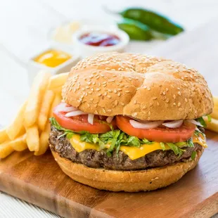 a hamburger and french fries