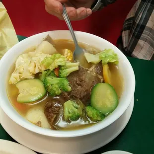 Beef and vegetable soup. Could use some seasoning. $8.95