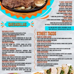 Tbone/quesadillas/tacos