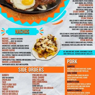 Steak/nachos/side/pork
