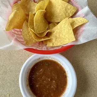Complimentary Chips &amp; Salsa. Very good flavor mild salsa, not too spicy!