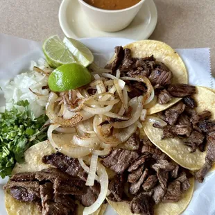 Mini Tacos Plate with Beef Fajita, charro beans.