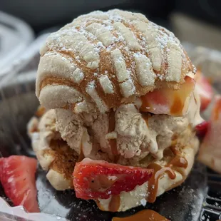 Mini Concha Ice Cream Sandwich with Horchata Ice Cream and a Dulce de Leche Drizzle