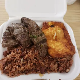 Carne asada with Gallo pinto and a side of fried cheese