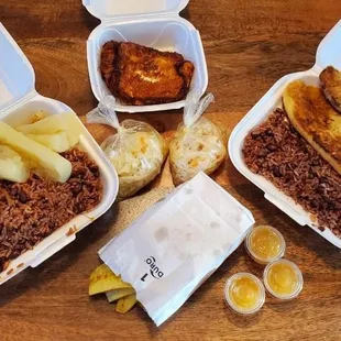 Shredded beef, Gallo Pinto, Tajada, Slaw, Fried Cheese and Fried Fish- Fritanga Explosion!