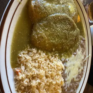 CHILE RELLENO'S with green sauce, beans and Spanish rice  super delicious