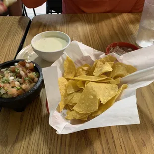 a plate of chips and a bowl of salsa