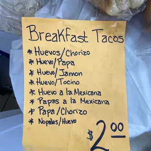 Breakfast taco menu